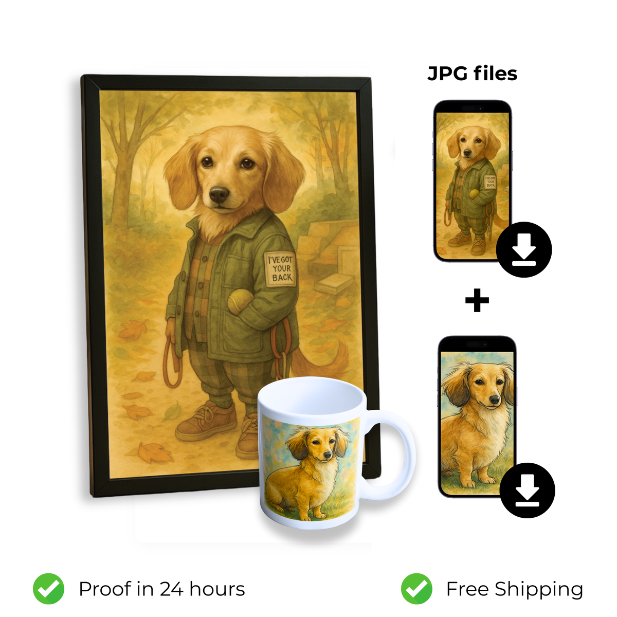The Loyal Shadow Bundle: Personality Framed Portrait + Mug with Custom Watercolor Design + 2 High Quality Digital Files